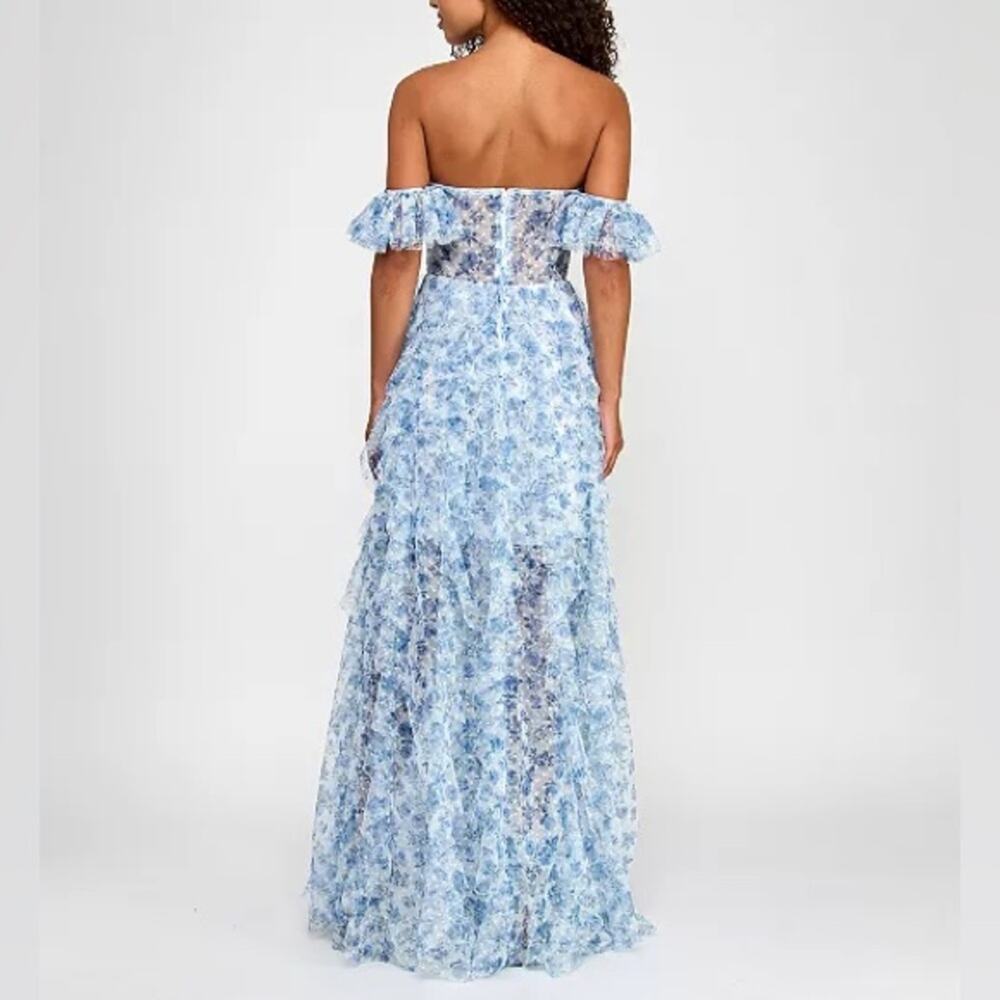 City Studios Juniors' Ruffled Off-The-Shoulder Corset Gown White/Navy Sz 13/14 - Picture 6 of 11